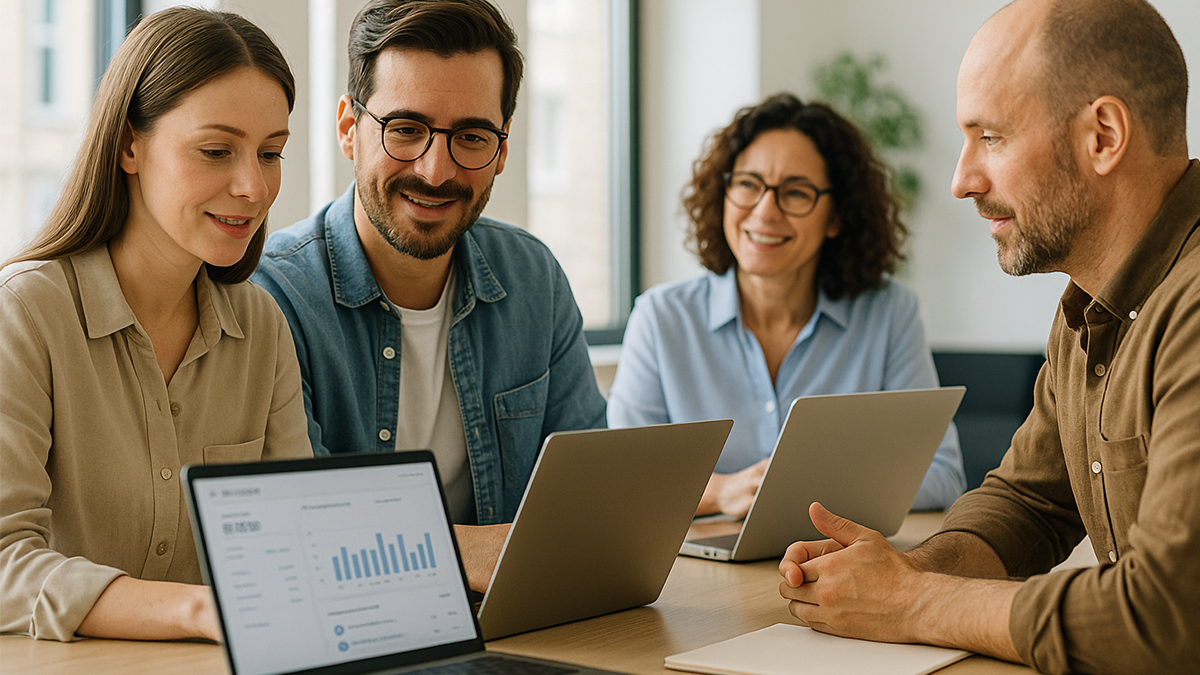 Employees-discussing-time-tracking-in a-calm-transparent-work-environment